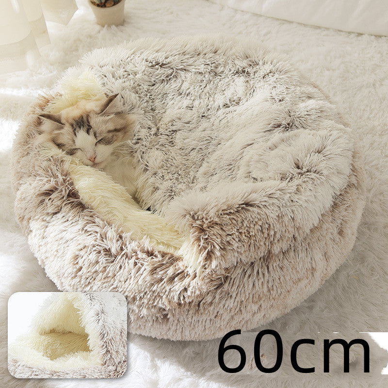 2-in-1 Winter Pet Bed for Dogs and Cats, Round Plush, Soft, Warm House - BarkandMeow