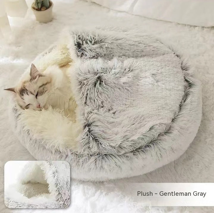 2-in-1 Winter Pet Bed for Dogs and Cats, Round Plush, Soft, Warm House - BarkandMeow