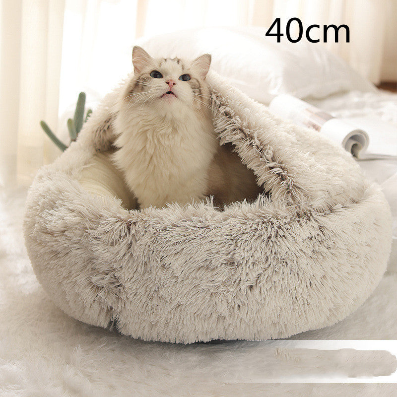 2-in-1 Winter Pet Bed for Dogs and Cats, Round Plush, Soft, Warm House - BarkandMeow