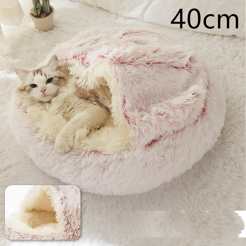 2-in-1 Winter Pet Bed for Dogs and Cats, Round Plush, Soft, Warm House - BarkandMeow
