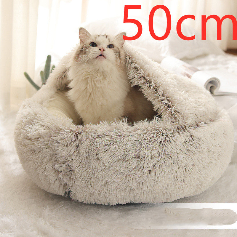 2-in-1 Winter Pet Bed for Dogs and Cats, Round Plush, Soft, Warm House - BarkandMeow