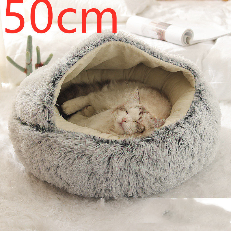 2-in-1 Winter Pet Bed for Dogs and Cats, Round Plush, Soft, Warm House - BarkandMeow