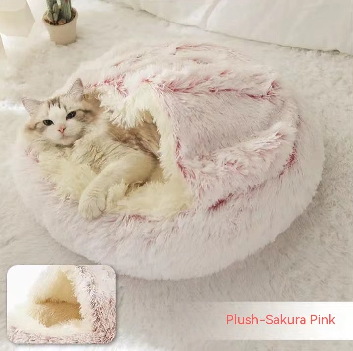 2-in-1 Winter Pet Bed for Dogs and Cats, Round Plush, Soft, Warm House - BarkandMeow