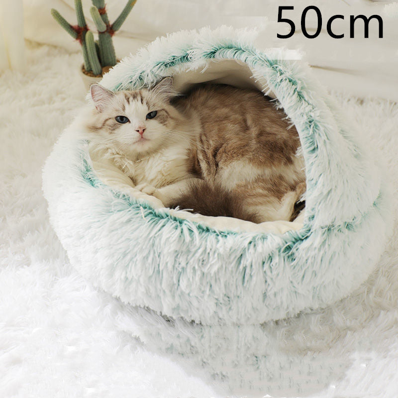 2-in-1 Winter Pet Bed for Dogs and Cats, Round Plush, Soft, Warm House - BarkandMeow
