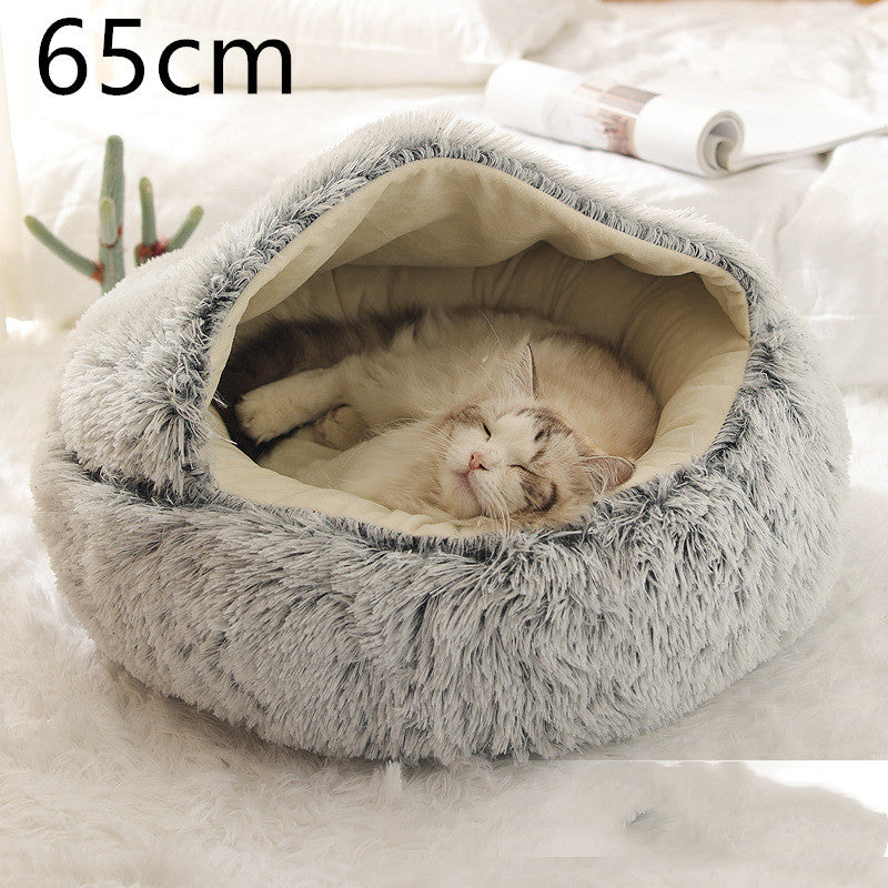 2-in-1 Winter Pet Bed for Dogs and Cats, Round Plush, Soft, Warm House - BarkandMeow