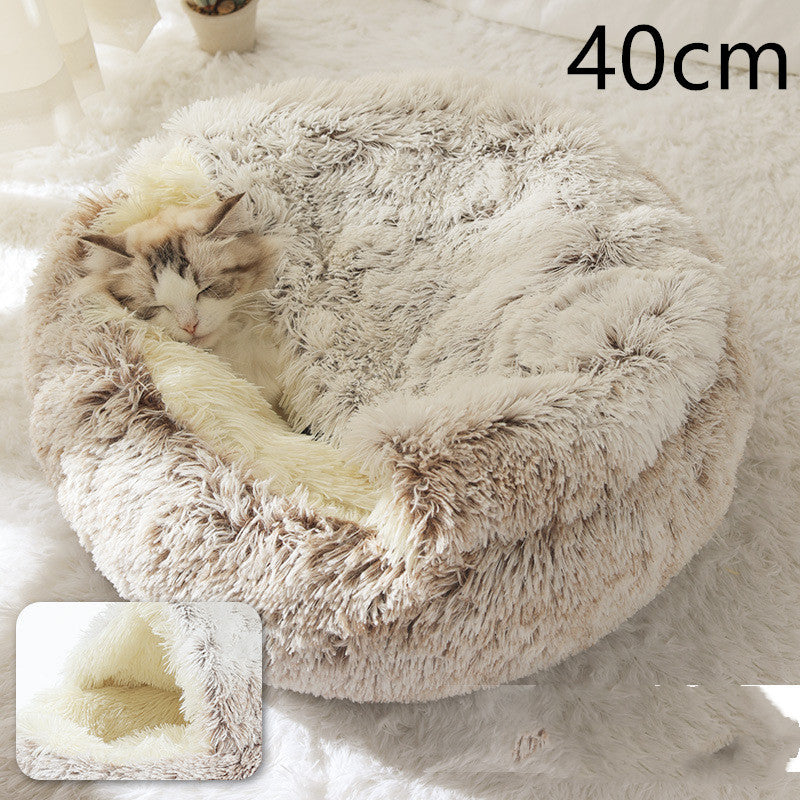 2-in-1 Winter Pet Bed for Dogs and Cats, Round Plush, Soft, Warm House - BarkandMeow