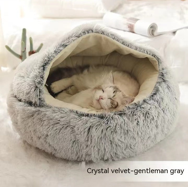 2-in-1 Winter Pet Bed for Dogs and Cats, Round Plush, Soft, Warm House - BarkandMeow