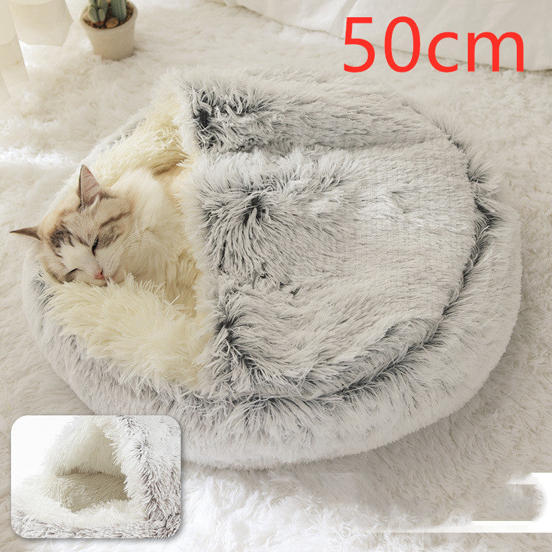 2-in-1 Winter Pet Bed for Dogs and Cats, Round Plush, Soft, Warm House - BarkandMeow