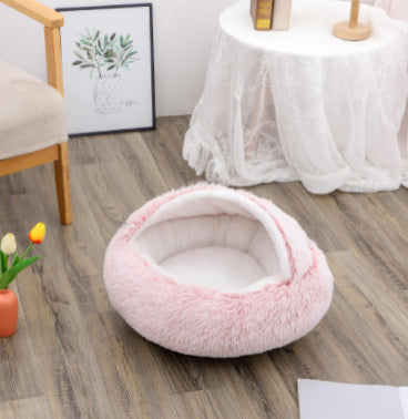 2-in-1 Winter Pet Bed for Dogs and Cats, Round Plush, Soft, Warm House - BarkandMeow