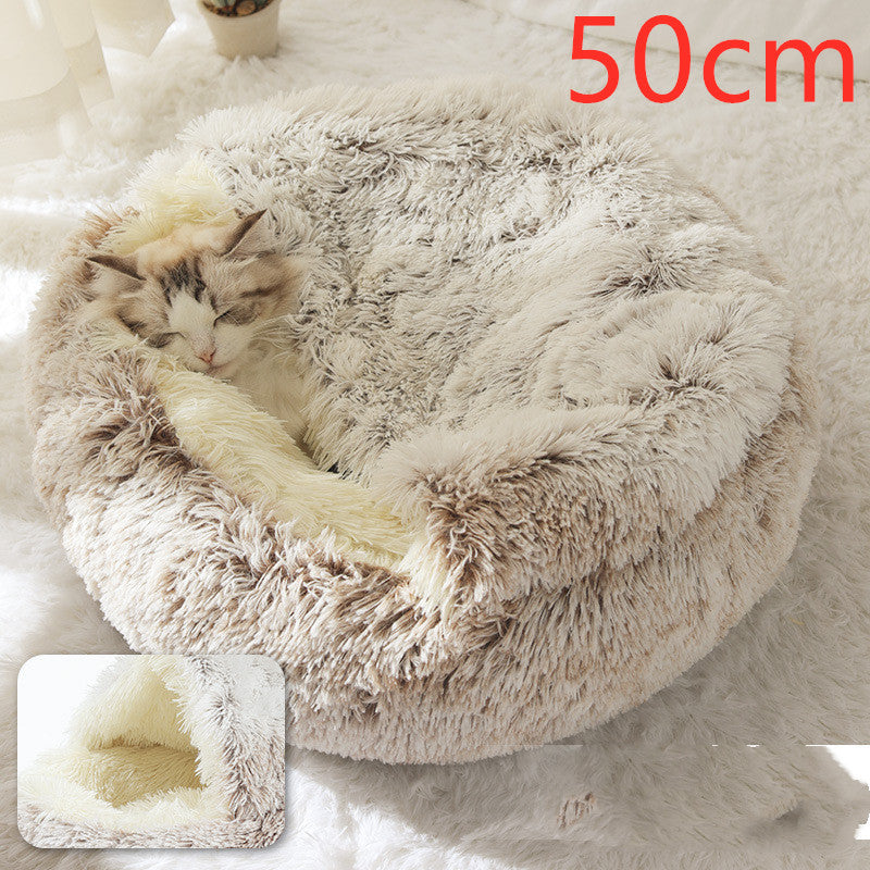 2-in-1 Winter Pet Bed for Dogs and Cats, Round Plush, Soft, Warm House - BarkandMeow