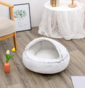 2-in-1 Winter Pet Bed for Dogs and Cats, Round Plush, Soft, Warm House - BarkandMeow