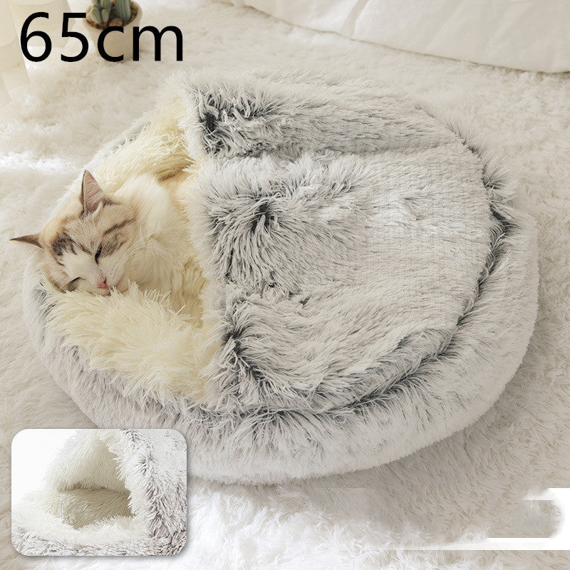 2-in-1 Winter Pet Bed for Dogs and Cats, Round Plush, Soft, Warm House - BarkandMeow