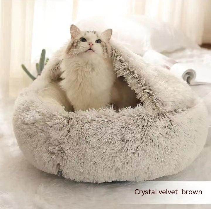 2-in-1 Winter Pet Bed for Dogs and Cats, Round Plush, Soft, Warm House - BarkandMeow