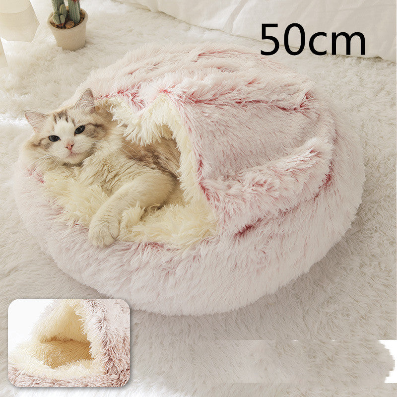 2-in-1 Winter Pet Bed for Dogs and Cats, Round Plush, Soft, Warm House - BarkandMeow