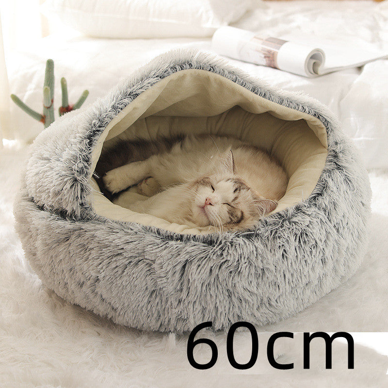 2-in-1 Winter Pet Bed for Dogs and Cats, Round Plush, Soft, Warm House - BarkandMeow