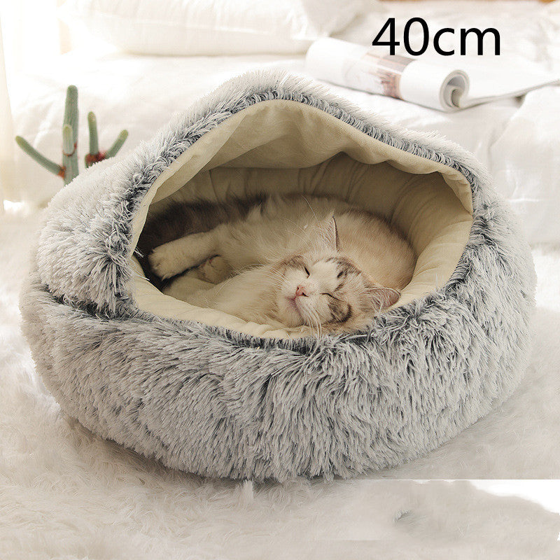 2-in-1 Winter Pet Bed for Dogs and Cats, Round Plush, Soft, Warm House - BarkandMeow