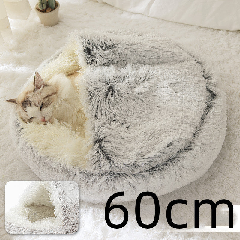 2-in-1 Winter Pet Bed for Dogs and Cats, Round Plush, Soft, Warm House - BarkandMeow