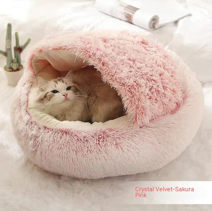 2-in-1 Winter Pet Bed for Dogs and Cats, Round Plush, Soft, Warm House - BarkandMeow