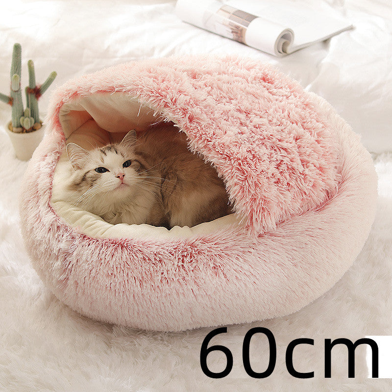 2-in-1 Winter Pet Bed for Dogs and Cats, Round Plush, Soft, Warm House - BarkandMeow