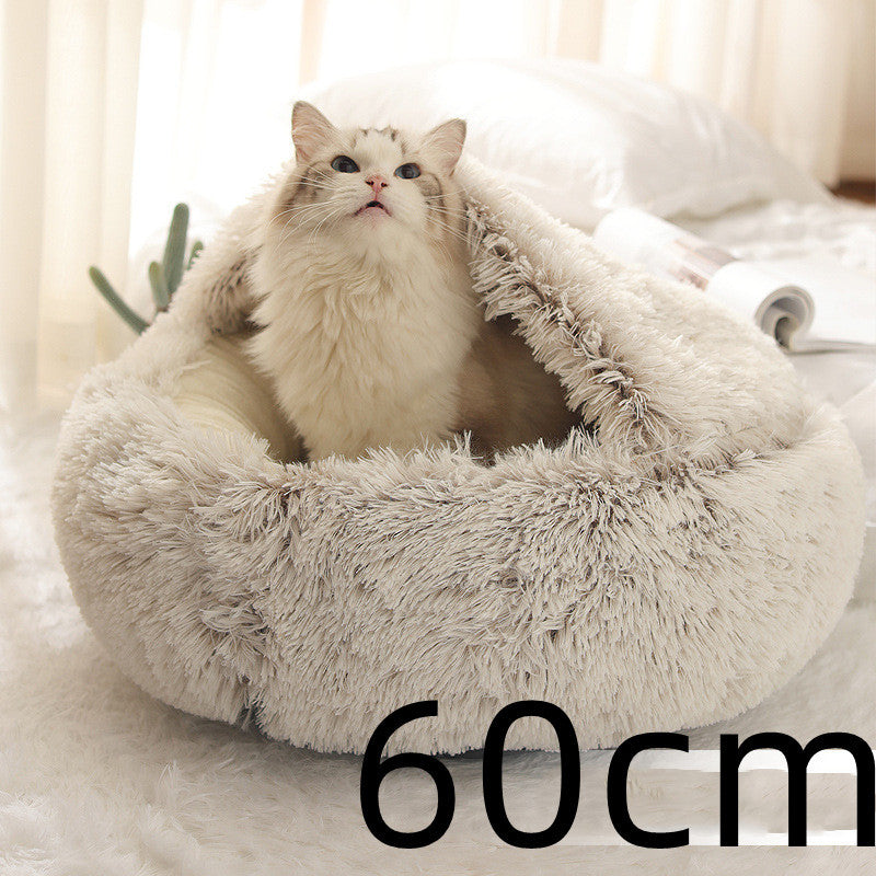 2-in-1 Winter Pet Bed for Dogs and Cats, Round Plush, Soft, Warm House - BarkandMeow