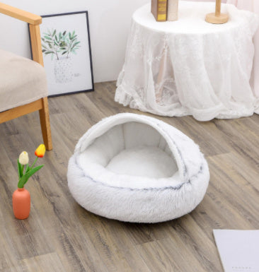2-in-1 Winter Pet Bed for Dogs and Cats, Round Plush, Soft, Warm House - BarkandMeow