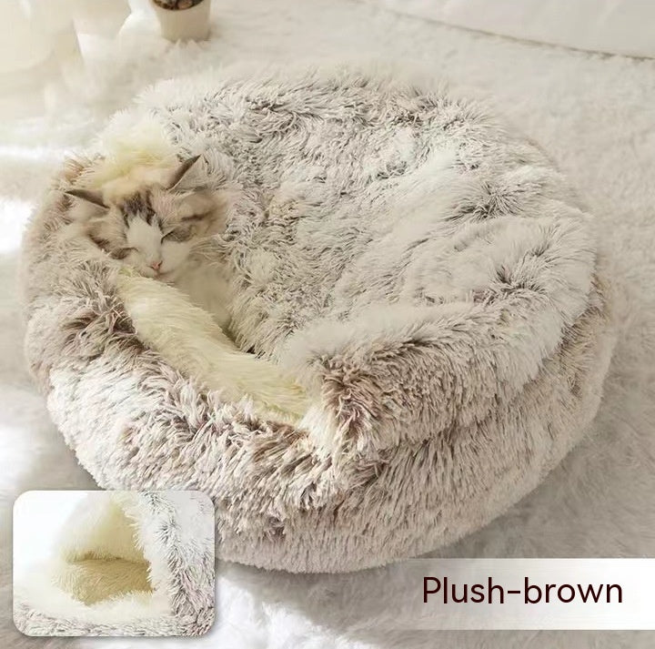 2-in-1 Winter Pet Bed for Dogs and Cats, Round Plush, Soft, Warm House - BarkandMeow