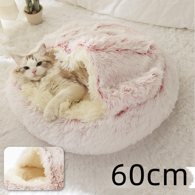 2-in-1 Winter Pet Bed for Dogs and Cats, Round Plush, Soft, Warm House - BarkandMeow